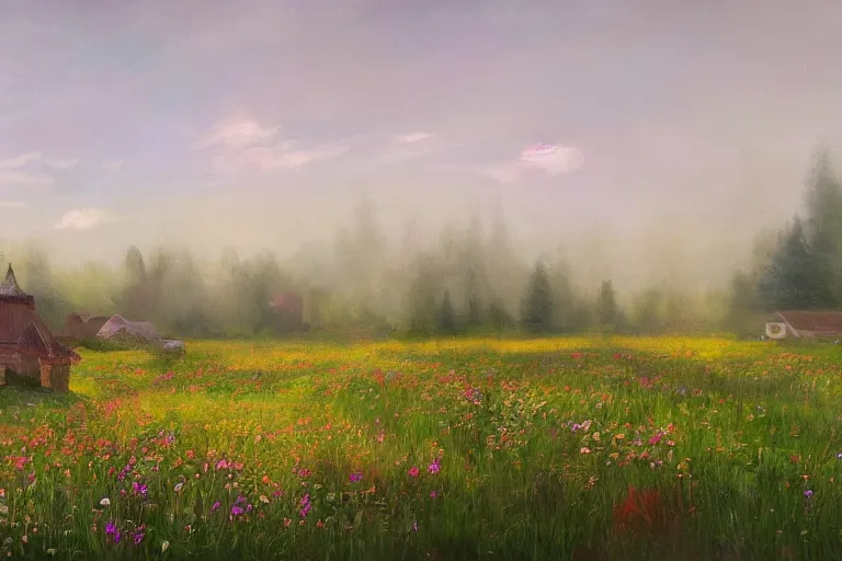Prompt: a matte painting of a manitoba canada prairie, cottages, foggy, patchy flowers, oil painting, pale colors, high detail, 8 k, wide angle, trending on artstation,