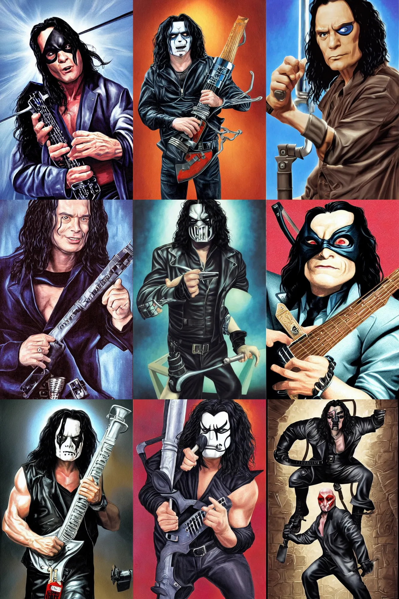 Prompt: Tommy Wiseau from The Room as Bane from Batman playing the Electric Guitar by Greg Hildebrandt