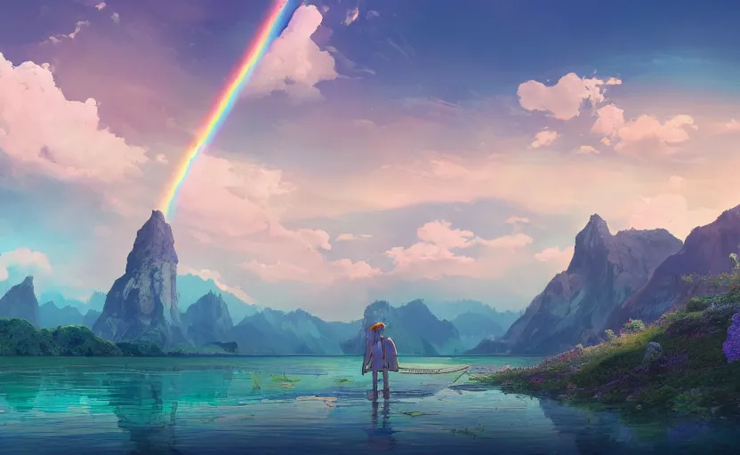 Image similar to a beautiful art of lake in foregraund and rainbow colored sky on background by Miyazaki Nausicaa Ghibli, 8K, hyper detailed, 20K, realistic, product lighting, by onesal, by sixnfive , behance 3d , studio photography DSLR, Photoreal epic composition