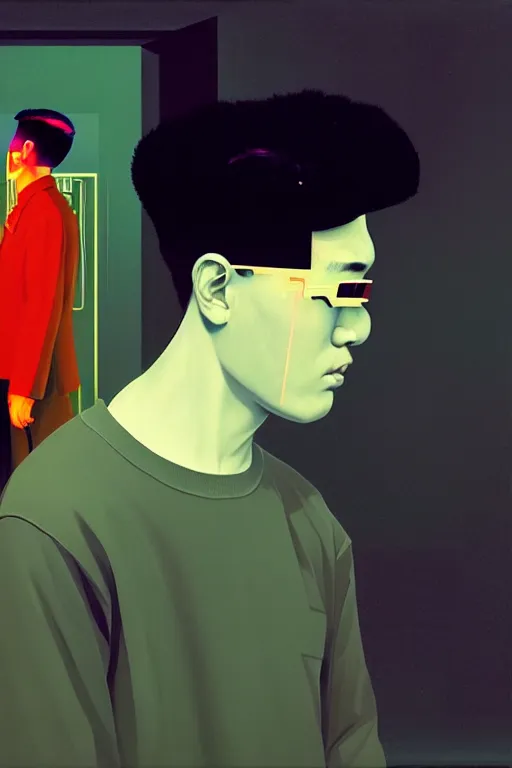 Prompt: north korean hacker wearing oculus and digital glitch head edward hopper and james gilleard zdzislaw beksisnski higly detailed