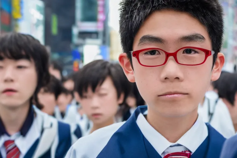 Image similar to close up photo of a japanese middle school boy wearing his school uniform at shibuya crossing, red weapon 8 k s 3 5, cooke anamorphic / i lenses, highly detailed, cinematic lighting