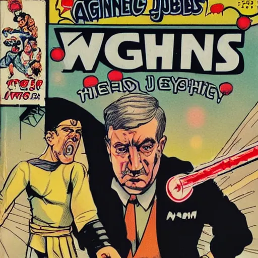 Image similar to comic book of angry jews with lightsabers and adolf hitler accurate eyes high detail