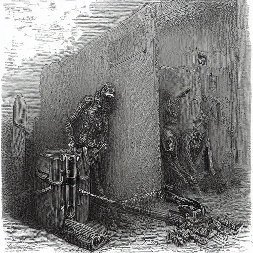 Prompt: 9 steel barrels in a graveyard, 2 zombies, creepy atmosphere, dark, portrait, realistic, illustration by gustave dore