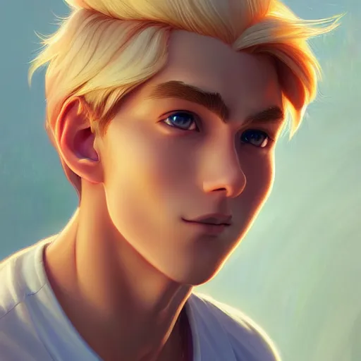 Prompt: young man with short, ash blond hair, path traced, highly detailed, high quality, digital painting, by don bluth and ross tran and studio ghibli and alphonse mucha, artgerm, 4 k, fantasy painting, sylvain sarrailh