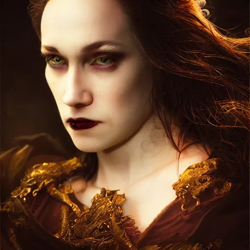 Image similar to majestic gracious regal aristocratic female vampire portrait, atmospheric lighting, painted, ravenous, tempestuous, menacing, intricate, volumetric lighting, beautiful, rich deep colours masterpiece, golden hour, golden ratio, sharp focus, ultra detailed, by leesha hannigan, ross tran, thierry doizon, kai carpenter, ignacio fernandez rios