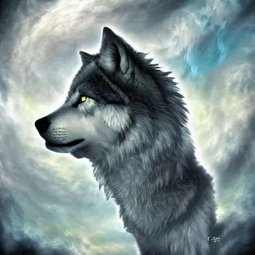 Image similar to of a fantasy sky and the gases and clouds shape into a wolf's head epic digital art