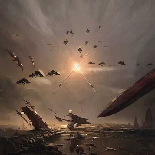 Prompt: an arrow flies, battle, by greg rutkowski, epic atmosphere