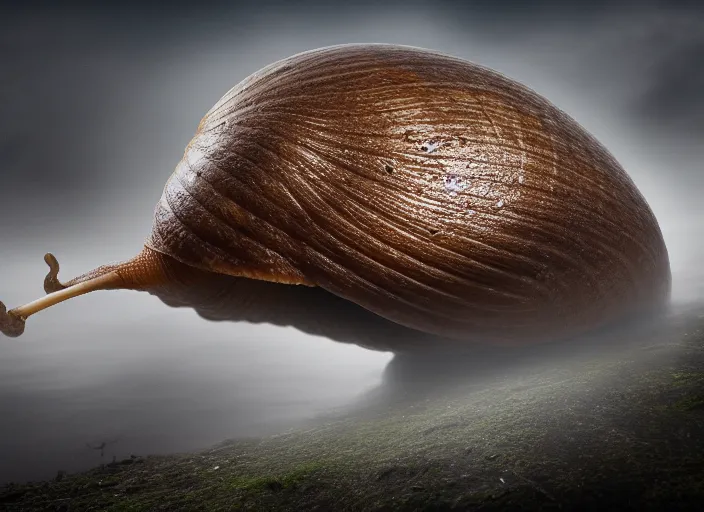 Image similar to photo of a giant snail terrorizes a foggy city. fantasy horror style. highly detailed 8 k. intricate. nikon d 8 5 0 3 0 0 mm. award winning photography.