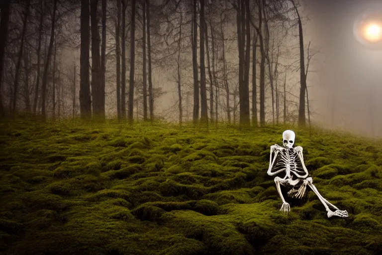 Prompt: a burning with fire human skeleton sitting behind computer, overgrown with moss, in foggy forest, at night with moon light, dark atmosphere, dark fantasy, highly detailed