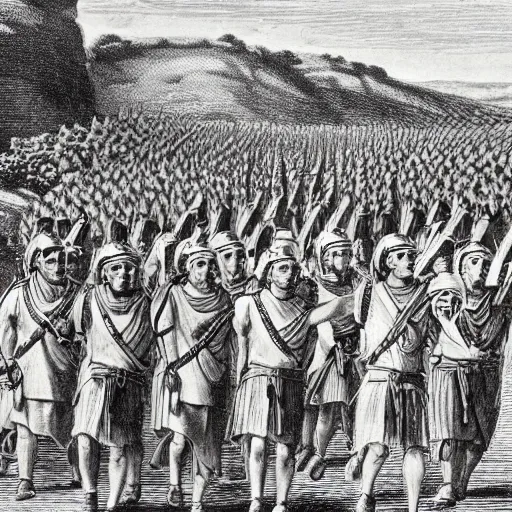 Image similar to a schoolbook image of the roman army marching through a desert.