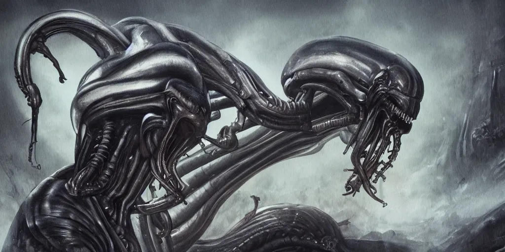 Image similar to painting of xenomorph in the style of HR Giger, movie scene, volumetric fog, slimy skin