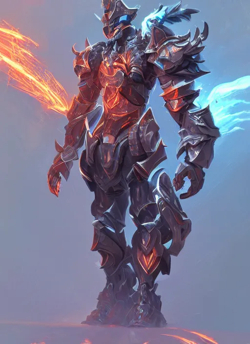 Image similar to a highly detailed illustration of cyber mechanical paladin with flaming plume, with arm blades, with light cracks throughout armor, dramatic charging pose, intricate, elegant, highly detailed, centered, digital painting, artstation, concept art, smooth, sharp focus, league of legends concept art, WLOP