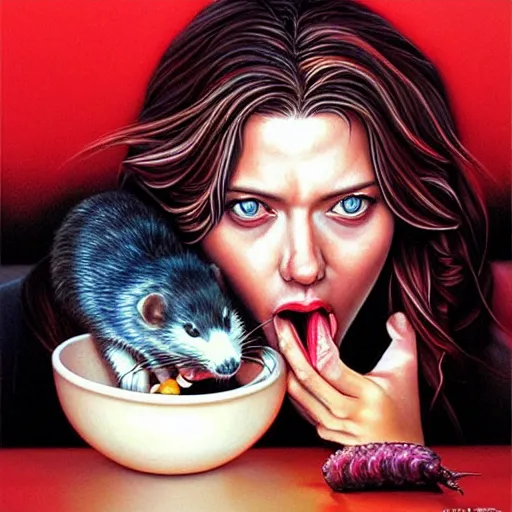 Prompt: a hyperrealistic painting of Scarlett Johansson eating a rat by Jason Edmiston,