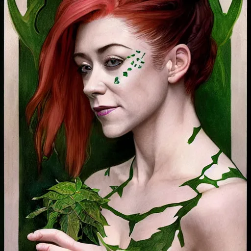 Image similar to a stunningly detailed illuminated manuscript of a beautiful alyson hannigan dressed as poison ivy with white skin and with hair pulled up in a ponytail, dark eyeliner, intricate, elegant, highly detailed, digital painting, artstation, concept art, sharp focus, illustration, art by greg rutkowski and alphonse mucha