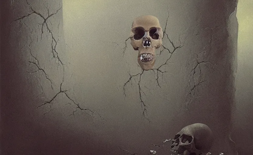 Prompt: a surrealistic painting of the slate theory origin and a human skull, in the style of zdzislaw beksinski and mark ryden, digital art, detailed masterpiece