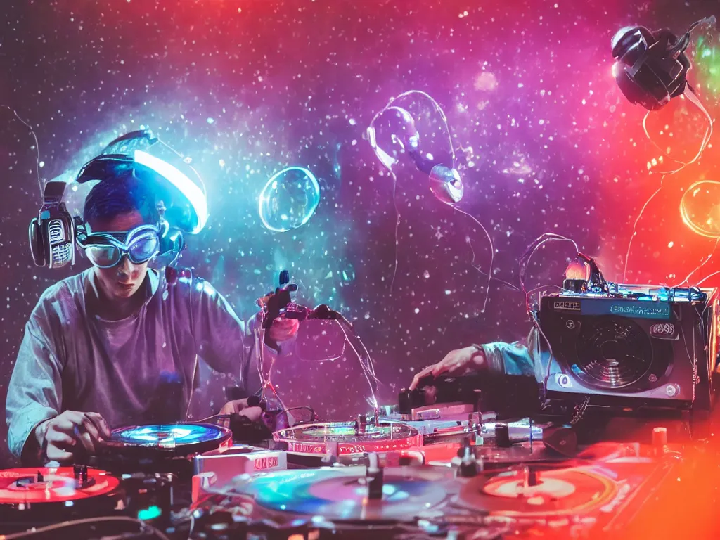 Image similar to a person wearing goggles and visor and headphones using a retro record player contraption, wires and tubes, turntablism dj scratching, intricate planetary gears, cinematic, imax, sharp focus, leds, bokeh, iridescent, black light, fog machine, hazy, lasers, hyper color digital art