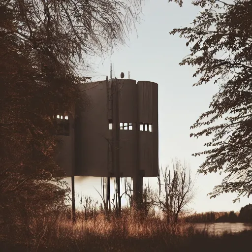 Prompt: sci fi nuclear containment building in an expansive river valley with tree and a city in the distance, a sense of hope and optimism, birds overhead, stark light, day time, unsplash, national geographic, hd, high res