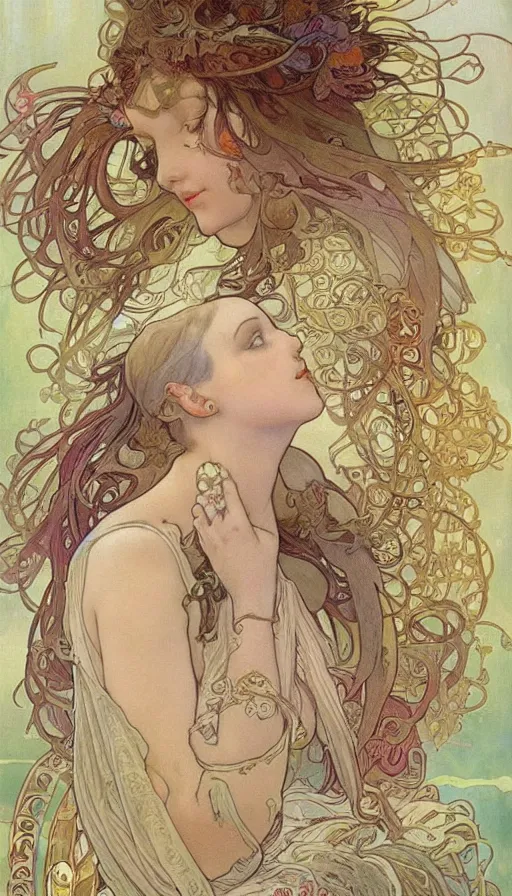 Prompt: fantasy art by Alfons Mucha,beautiful,high quality,masterpiece,incredible,pretty,gorgeous,stunning,appealing,4k,detailed,intricate,fullbody,full body,face