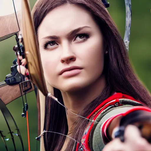 Image similar to photo realistic, consistent and highly detailed face, a attractive woman in archery, hunting - bow, uhd 8 k, highly detailed