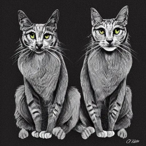 Prompt: black and white illustration creative design, two headed cat