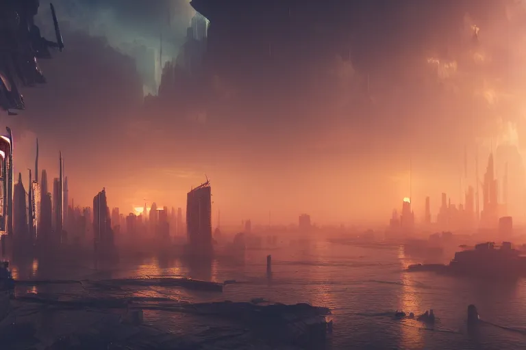 Image similar to cyberpunk future city landscape in style of aivazovsky, sunset, ultra details, cinematic, 8k, sharp focus, award winning photo, crisp edges, octane render, hyper realistic, maximum details, 16k,