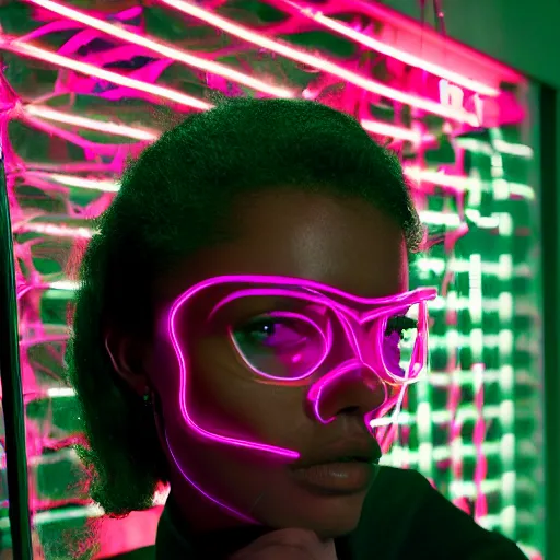 Image similar to realistic photoshooting for a new balenciaga lookbook, color film photography, portrait of a beautiful woman, swirly bokeh. red neon lights and glow in the background, hyper realistic and detailed, by photo in style of tyler mitchell, wes anderson, julia hetta, tim walker, petra collins, 3 5 mm,