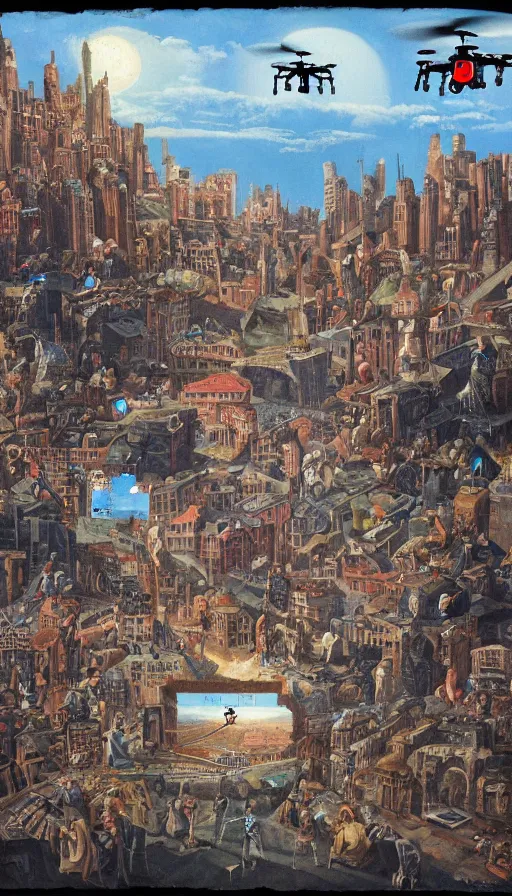 Image similar to crt drones fly above, detailed painting of a man standing in a city with his eyes open but everyone else has their eyes closed