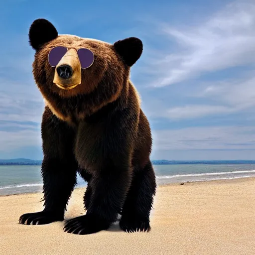 Prompt: a bear wearing sunglasses at a beach