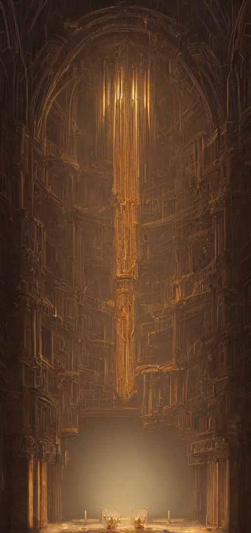 Prompt: pipe organ in an arch, obsidian walls with gold trim, by peter mohrbacher dan mumford craig mullins nekro, cgsociety, pixiv, volumetric light, 3 d render, smoke, dark fog, high contrast colors