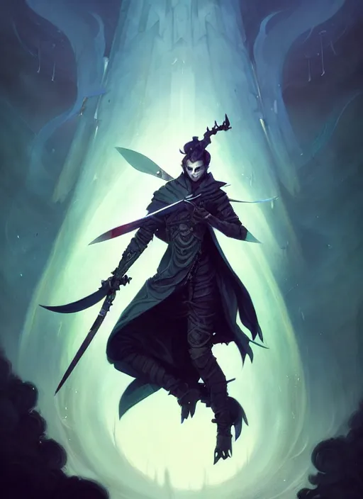 Image similar to full body picture of an legendary blader, holding a ego sword to the camera, long black jacket, intricate, masterpiece, epic fantasy illustrations by peter mohrbacher and anato finnstark and jeremy lipking