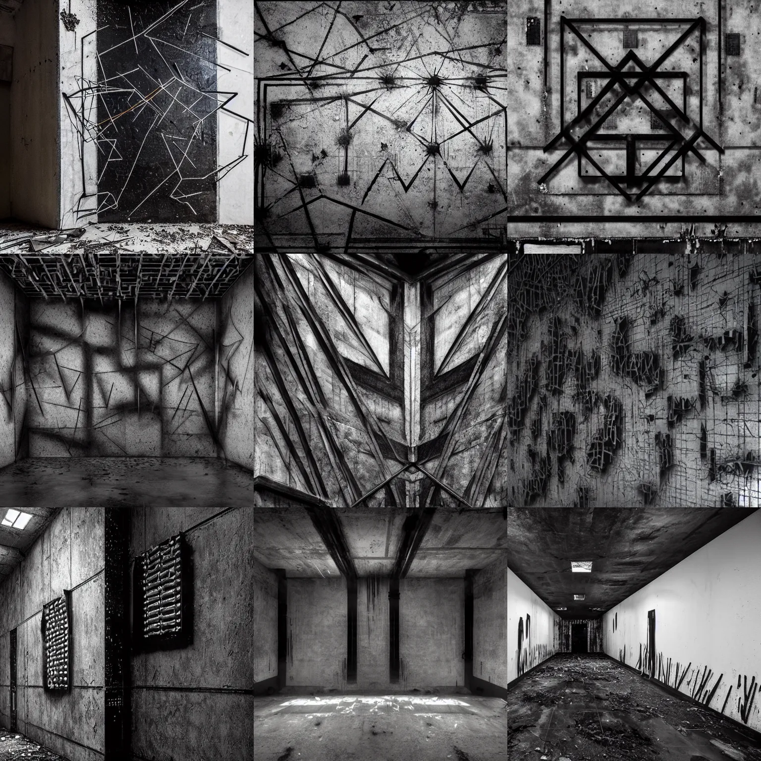 Prompt: “asymmetrical 3d black metal sigil graffiti on the walls of abandoned brutalist interior, made of glossy black liquid latex and industrial hardware, sharp irregular shapes, designed by darren aronofsky, rick owens, andrei tarkovsky, 8k hyperrealistic, hyper-detailed, highly textured, dark volumetric lighting, fine details” —H 704