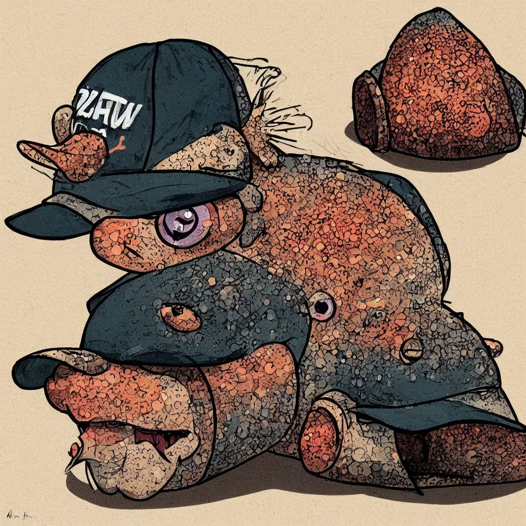 Image similar to An illistration of a blowfish wearing a trucker hat, by Asaf Hanuka, trending on art station