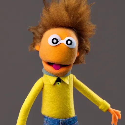 Image similar to morty smith as a muppet with peach skin, shirt brown hair and yellow tshirt. highly detailed felt. hyper real photo. 4 k.