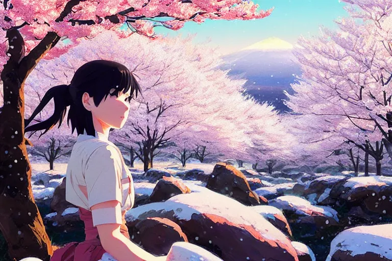 Image similar to snowy rocky field with a sakura tree : audrey plaza, fine details. anime. realistic shaded lighting poster by ilya kuvshinov katsuhiro otomo ghost - in - the - shell, magali villeneuve, artgerm, jeremy lipkin and michael garmash and rob rey