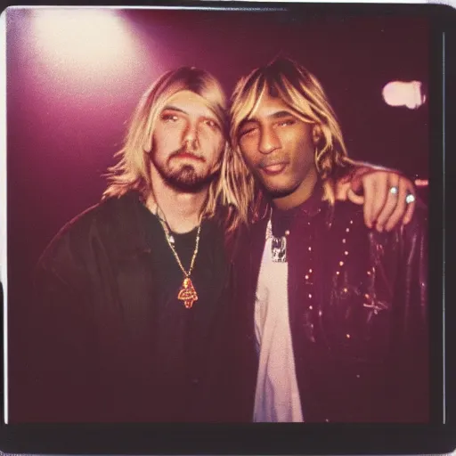 Image similar to Polaroid photograph of Kurt Cobain and Tupac Shakur in a club, blurry, XF IQ4, 150MP, 50mm, F1.4, ISO 200, 1/160s, natural light, Adobe Lightroom, photolab, Affinity Photo, PhotoDirector 365,