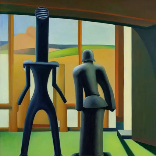 Prompt: people in robot suits, pj crook, edward hopper, oil on canvas