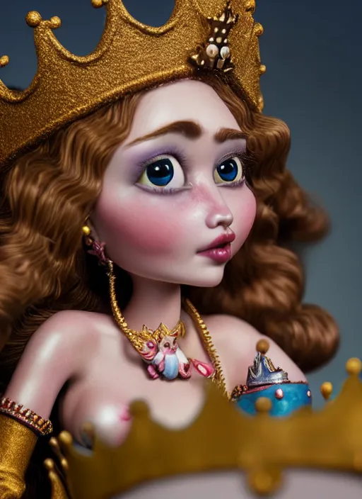 Image similar to highly detailed closeup, face profile portrait of a tin toy fairytale princess wearing a crown eating cakes, bikini, unreal engine, nicoletta ceccoli, mark ryden, earl norem, lostfish, global illumination, detailed and intricate environment