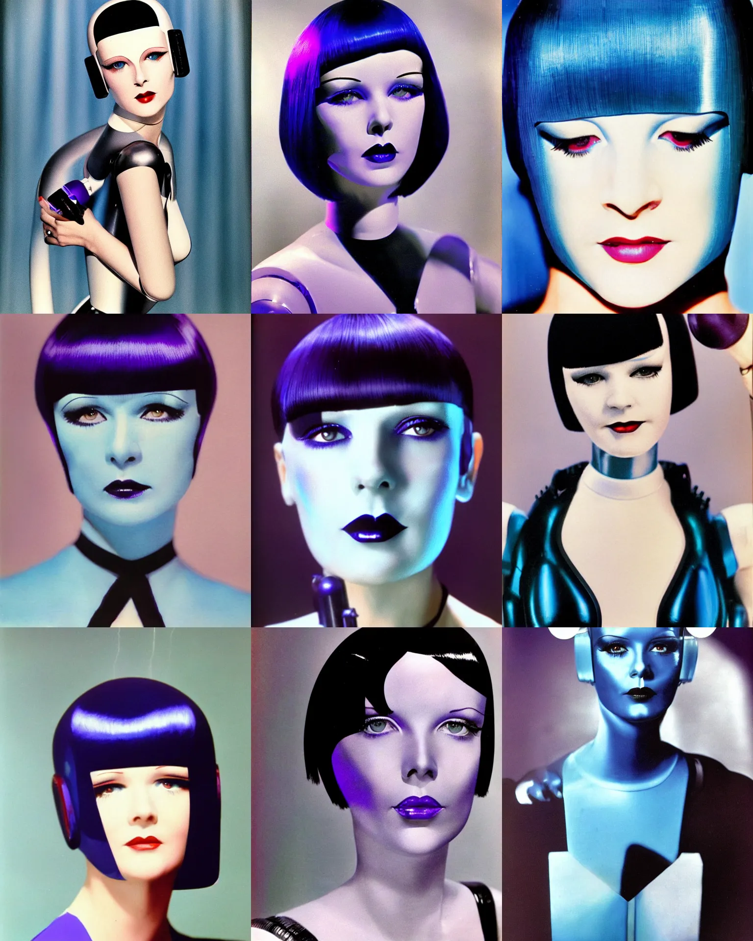 Prompt: mary louise brooks turning into a robot, half robot, 1 9 8 0 s airbrush, robot legs, blue rim lighting, blue and purple makeup, black shiny bob haircut