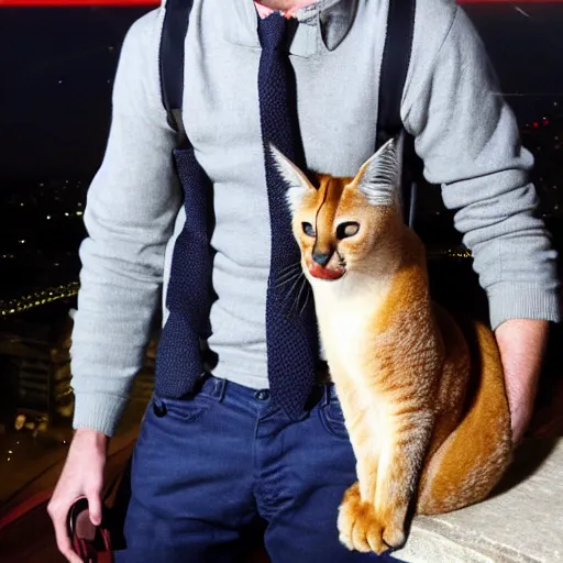 Prompt: Ryan Gosling holds a caracal cat in his hands against the backdrop of the Eiffel Tower