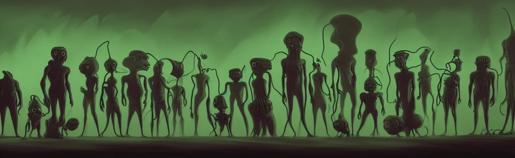 Prompt: uncanny repressed mutants from the depths of a vast wasteland in the collective unconscious, dramatic lighting, surreal dark 3 0 s fleischer cartoon characters, shallow dof, surreal painting by ronny khalil