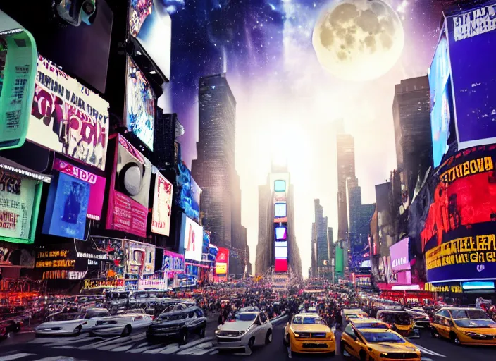 Image similar to film still of the moon shattering into pieces over time square in the new disaster movie, 8 k, night time