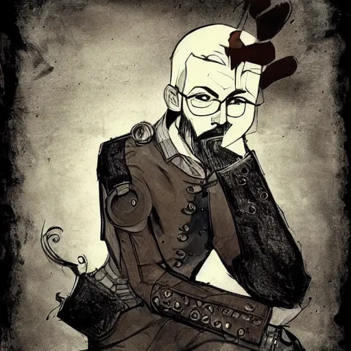 Image similar to very attractive man with beard, strong masculine features, slim, short hair, 35 years old, one android eye, sophisticated clothing with some steampunk elements, gesture dynamic, organic, appealing, book cover, deep shadows, by Dave McKean sketch lineart for character design