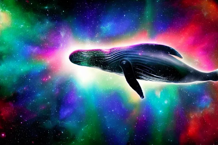 Prompt: a cosmic humpback whale swimming through a colorful space nebula with a black hole, event horizon, digital art, photorealistic