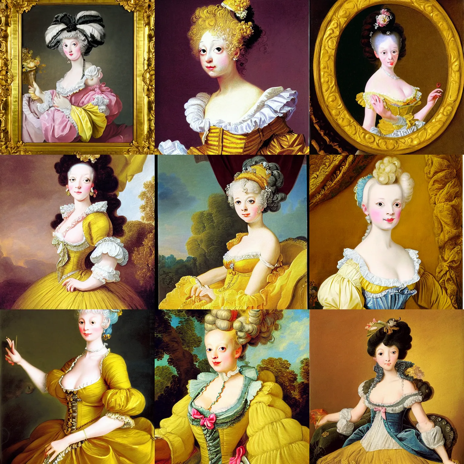 Prompt: portrait rococo painting of Princess Riliane Lucifen d'Autriche Vocaloid kagamine Rin, yellow ornate dress, glassy eyes, by Jean‑Honoré Fragonard and Wayne Thiebaud