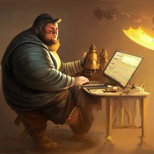 Image similar to a insanely detailed painting of a slightly overweight man wearing a homemade superhero costumed, sitting at a computer desk, nervously and clicking on the mouse, in the style of peter mohrbacher, dramatic lighting and composition, trending on artstation, concept art, comic book