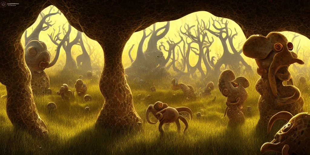 Prompt: of an intricate hazy savanna with strange pudgy cute creatures with long tongues, big eyes and huge noses appearing from the ground, in the style of gaudi, macro lens, shallow depth of field, highly detailed, digital painting, trending artstation, concept art, illustration, cinematic lighting, vibrant colors, photorealism, epic, octane render