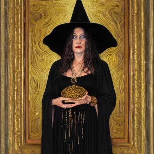 Image similar to a painting by donato giancola representing a witch dressed in black clothes embroidered with gold.