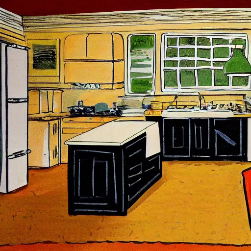Prompt: kitchen, illustration, in the style of henry rivers