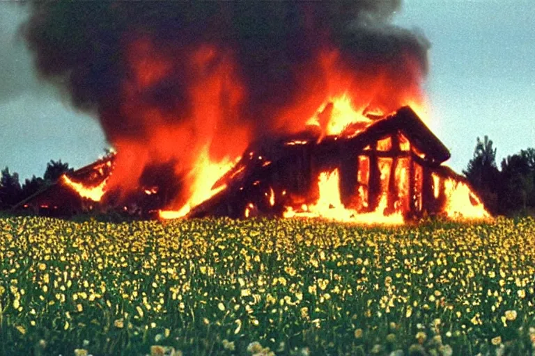 Image similar to vhs 1 9 8 0 s footage of a scene from the movie midsommar a - line shaped wooden building on fire, field of flowers