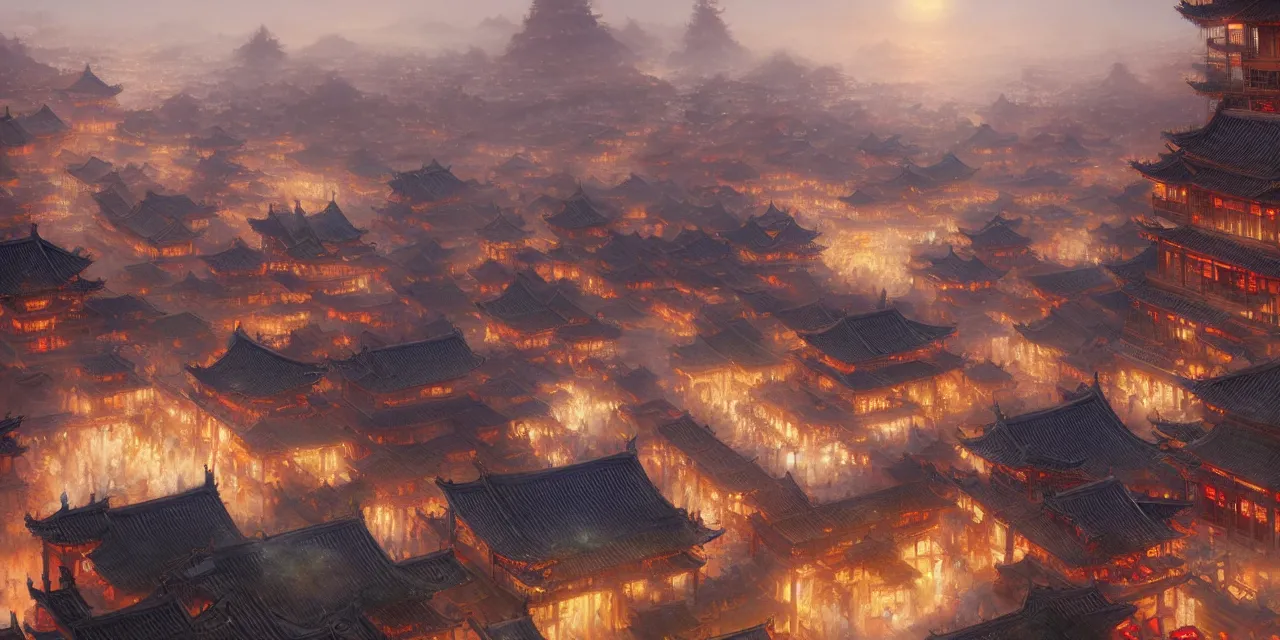 Image similar to a beautiful painting of a ancient big city of china, light effect, unreal engine, super wide angle, by greg rutkowski and yuumei and yanjun chen, trending on artstation